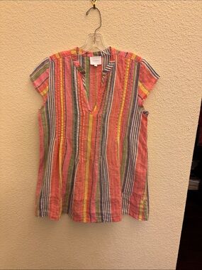 Anthropology Linen Striped Split-Neck Cap Sleeve Tunic  in Coral Multi